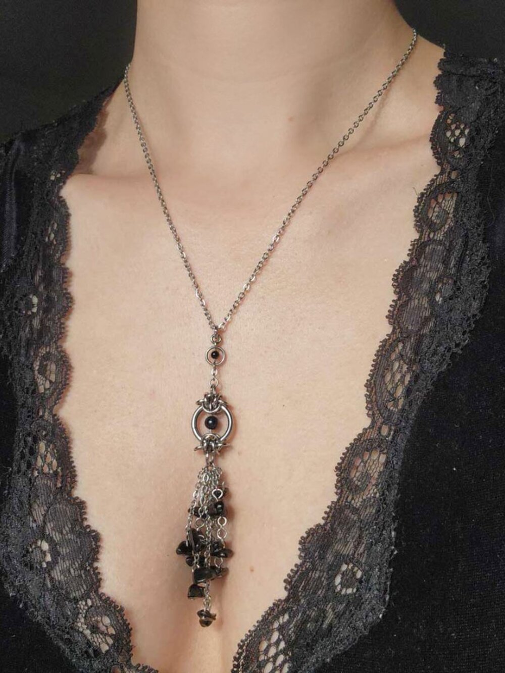 Vintage gothic style silver lariat necklace with black onyx tassels